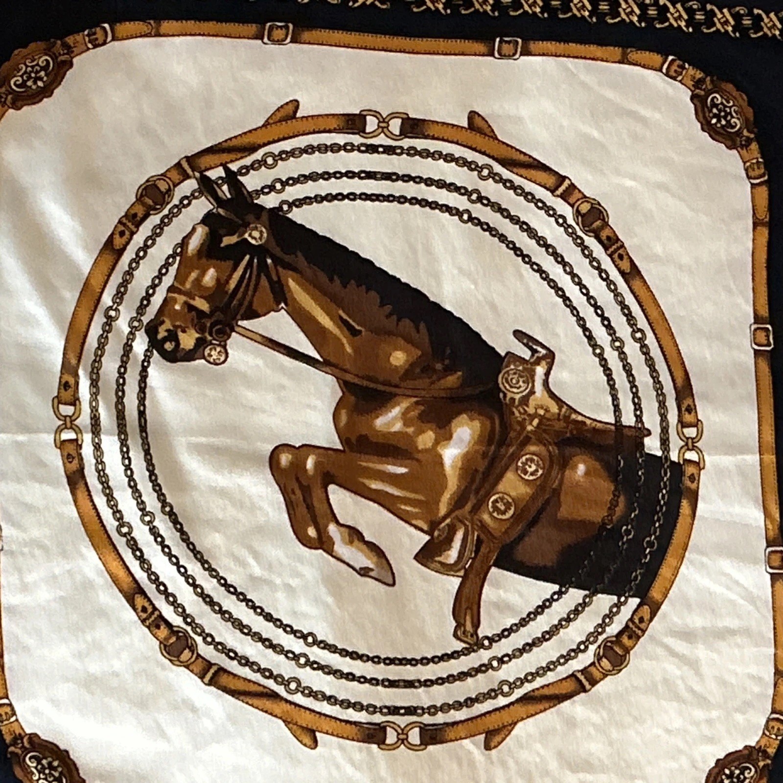 Scarf 100% Silk Gold Navy Blue And Beige Equestrian Scarf 20 Inches By 20 Inches