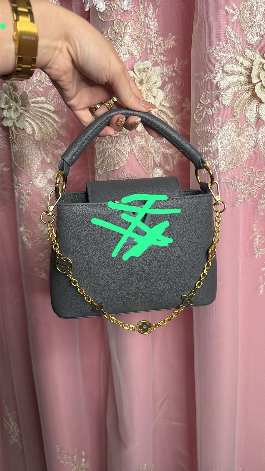 LV Women Small Gray Top Handle Bag Gold Chain Hardware Detachable Strap Pebbled