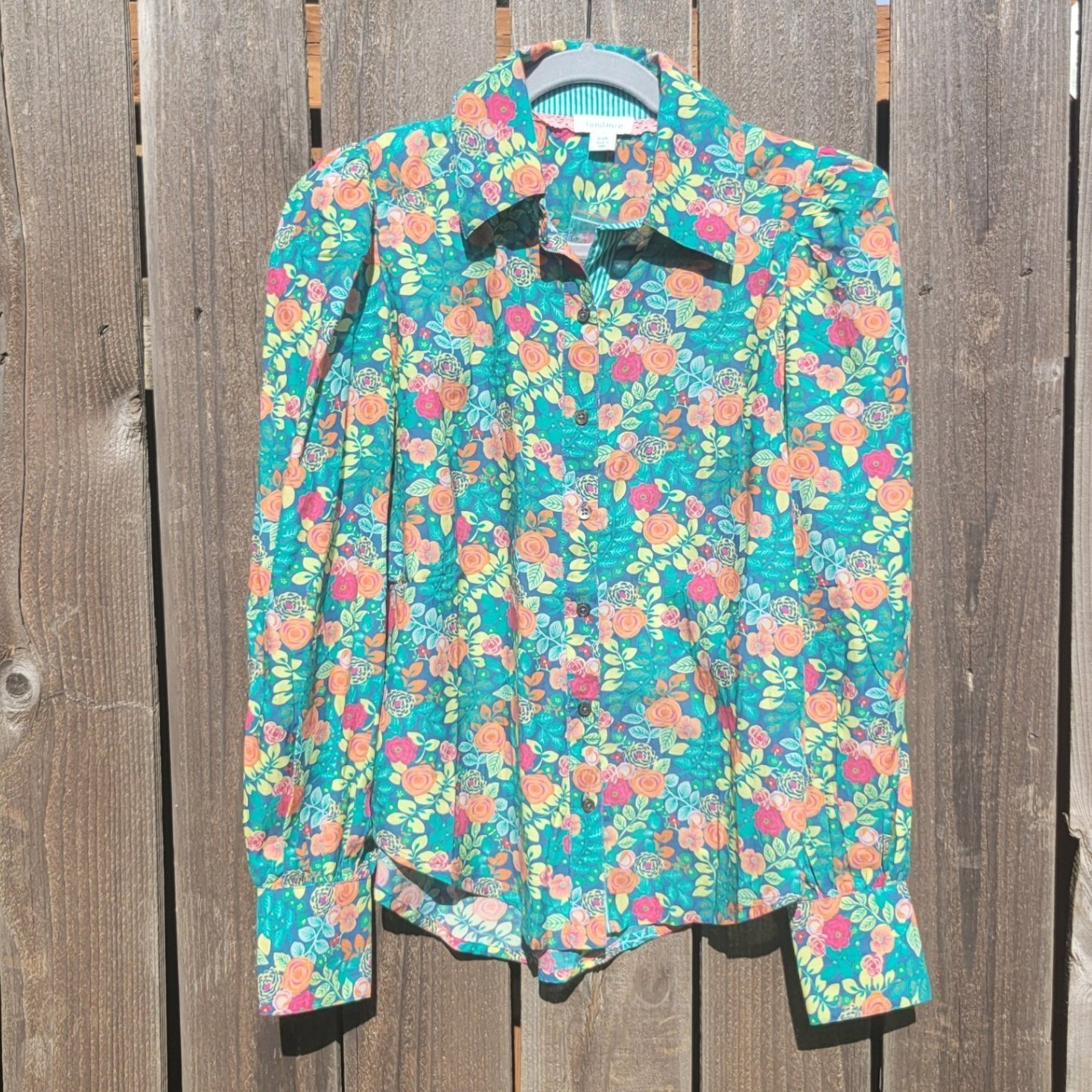 Sundance Rosie Vine Floral Long Puff Sleeve Button Up Blouse PXS Blue Green Boho