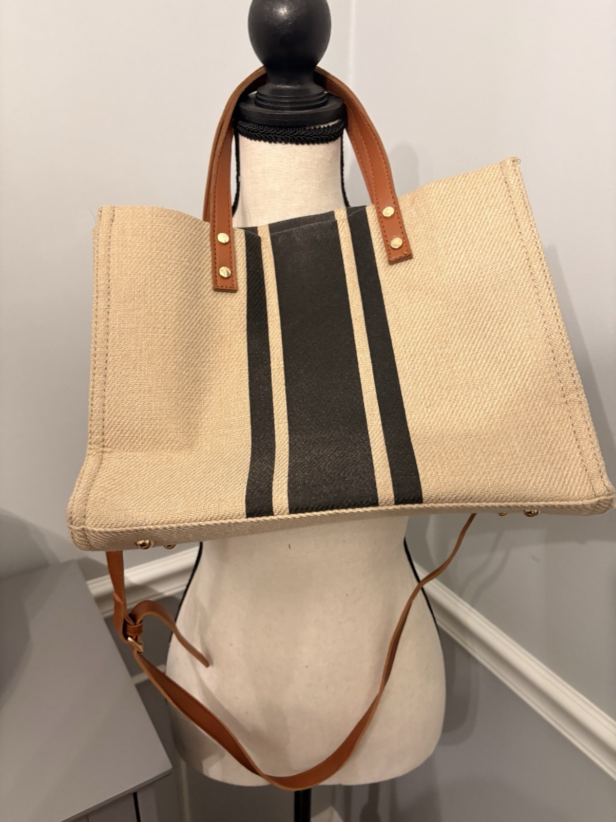 Beige Black Striped Tote Bag Brown Leather Top Handles Detachable Strap Snap