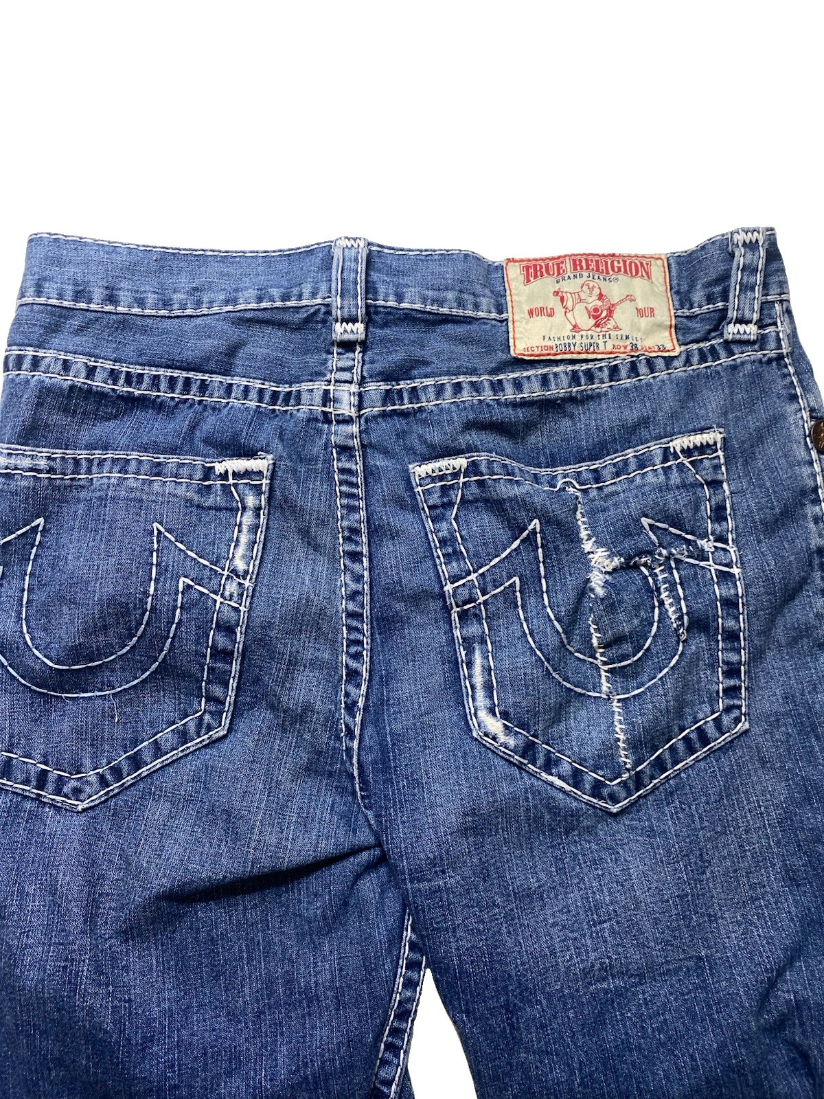 VTG True Religion Bobby Super T Jeans 38×26.5 Made in USA Thick White Stitch Y2K