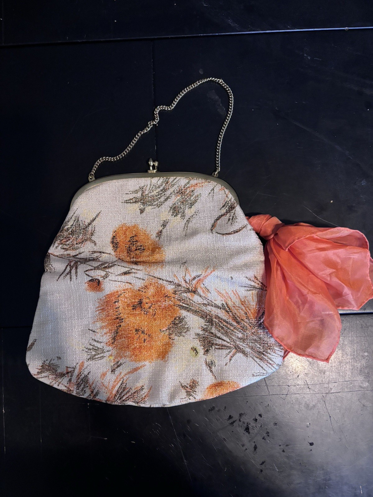 Floral Kiss Lock Frame Clutch Purse w/ Silver Chain Strap, Bow, Lined