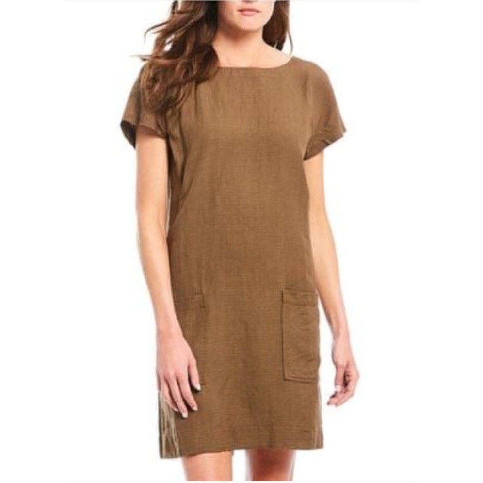Eileen Fisher Womens Brown Khaki Linen Tencel Blend Shift Dress Knee Length L