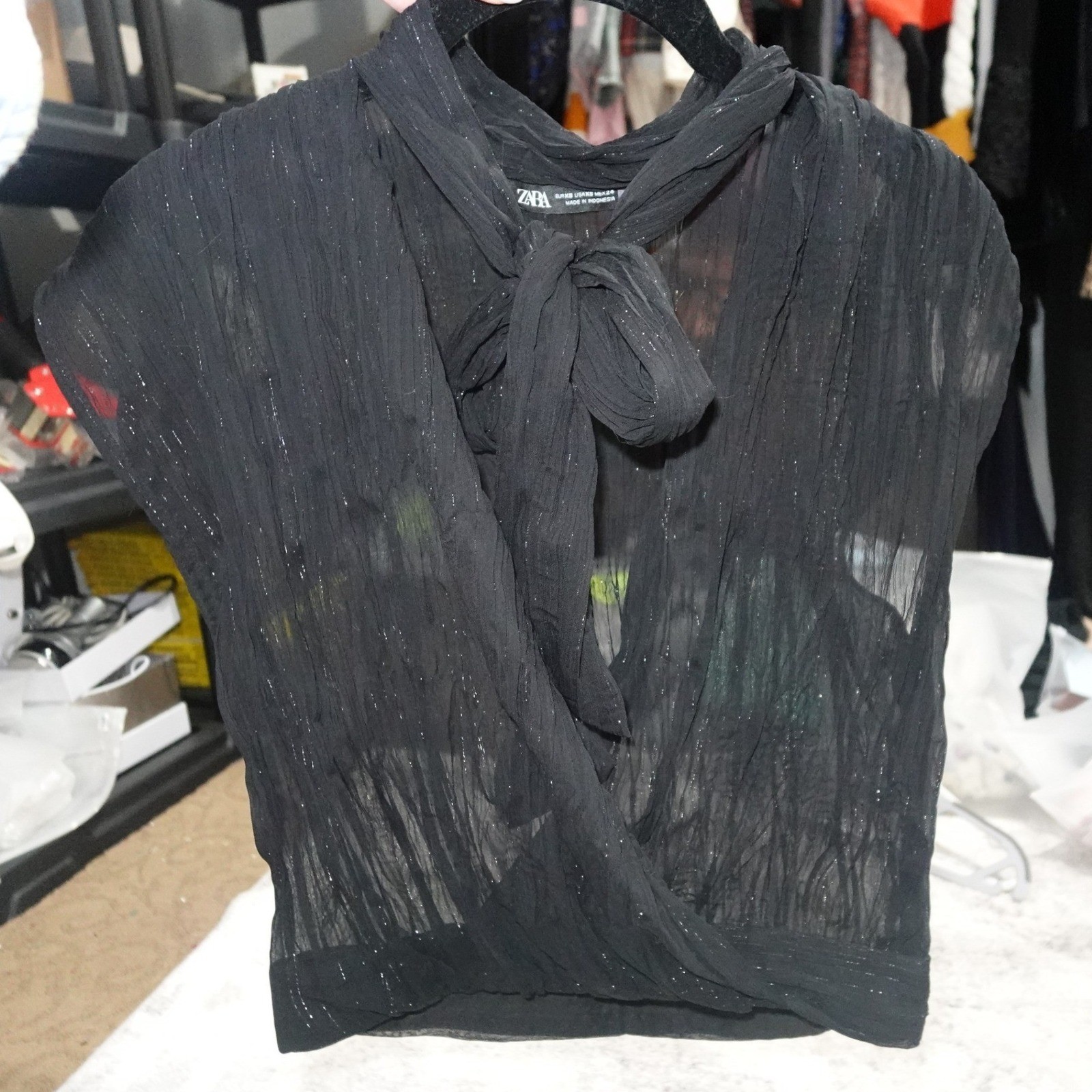 Zara Black Metallic Shimmer Tie Neck Surplice Blouse Top Womens XS Sheer