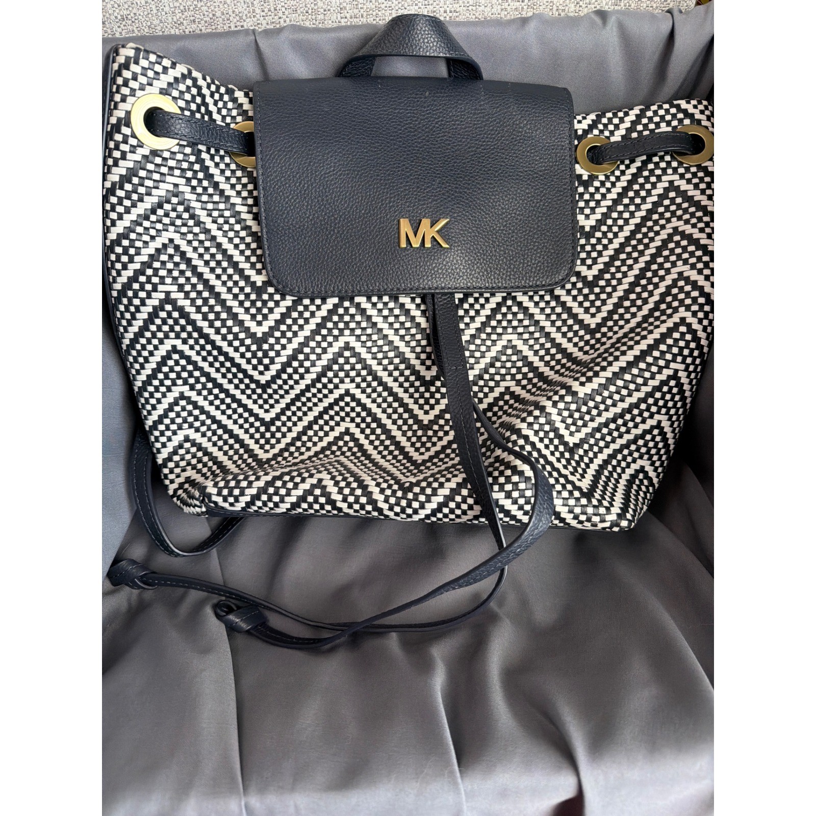 Michael Kors Woven Chevron Leather Backpack Navy Blue Black White Gold Logo