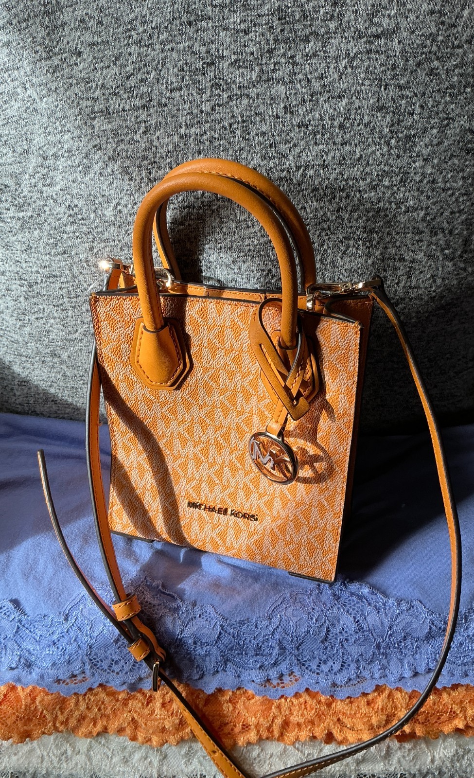 Michael Kors Orange Multi SIG Mini Coated Canvas Leather CC SnapCrossbodySatchel