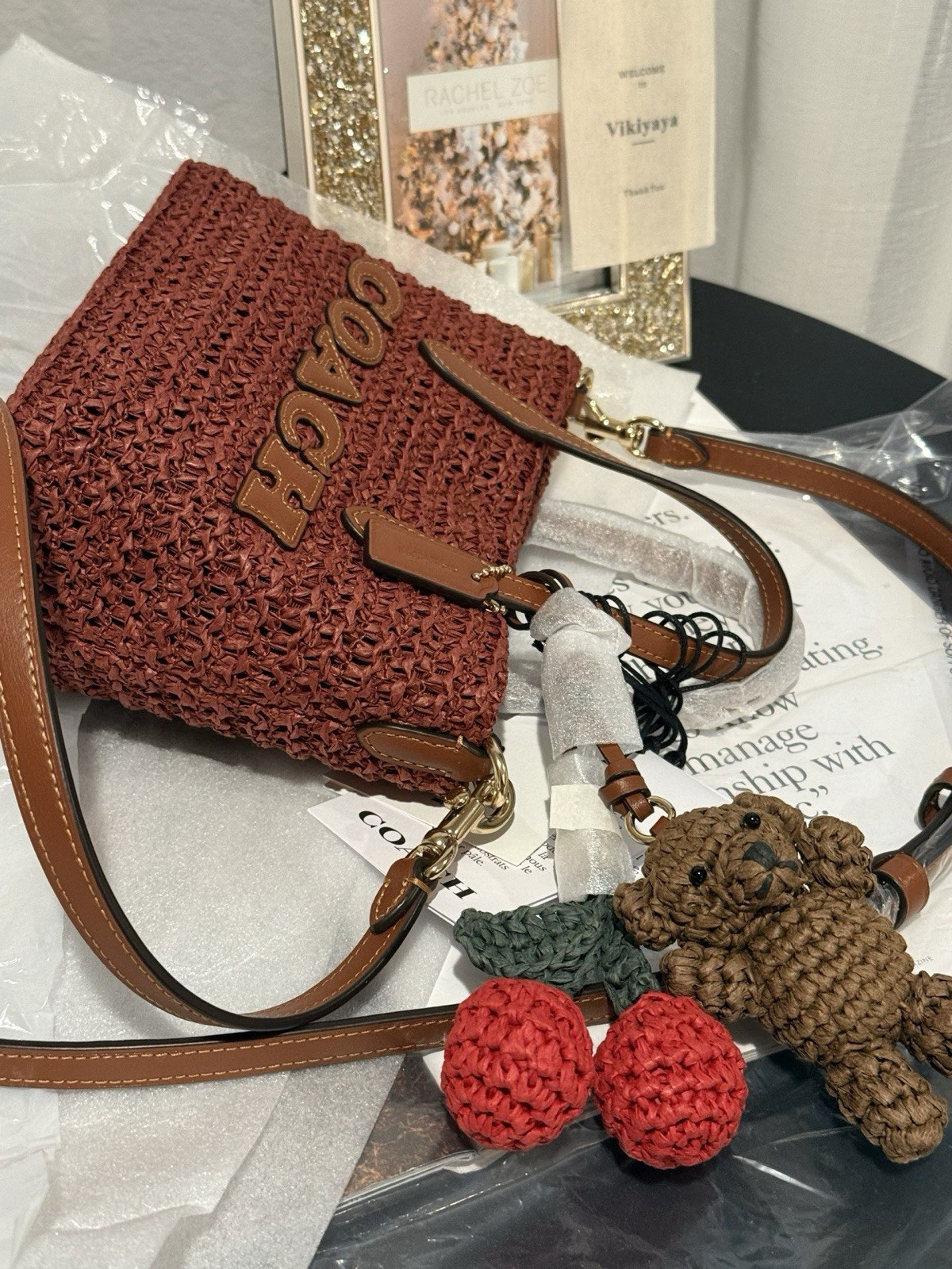 coach City Mini Tote Bag With cherry and bear Charms CEU30 NWT