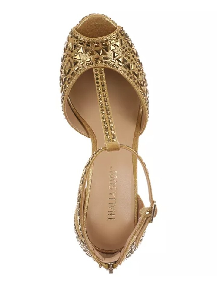 Thalia Sodi Women’s Chace Embellished T-Strap Platform Pumps – Color Gold & Red
