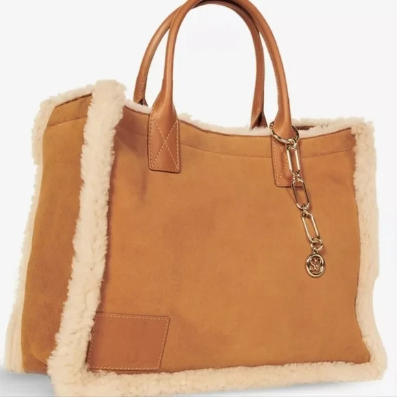 Sandro Kasbah Tote Bag Large Purse Camel Brown Suede Leather Shearling Soft