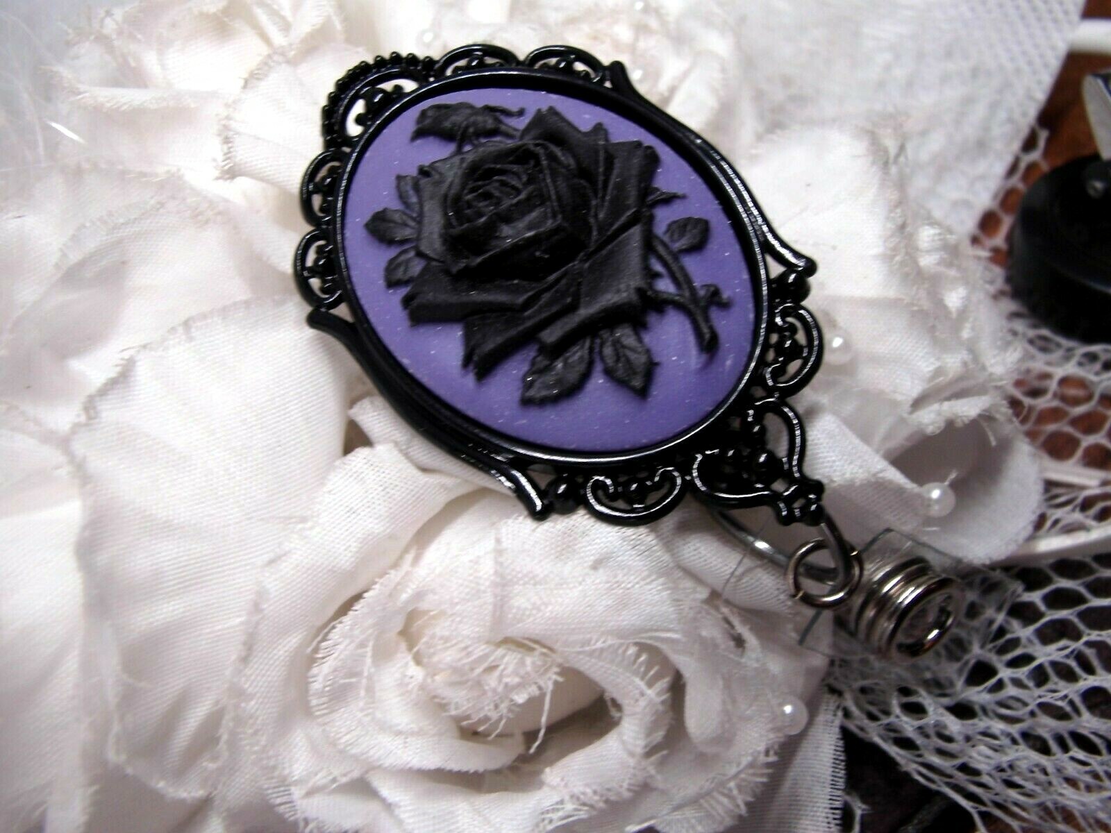 PURPLE BLACK ROSE GOTHIC ROCKABILLY CAMEO ID Badge Tag Holder Retractable Reel