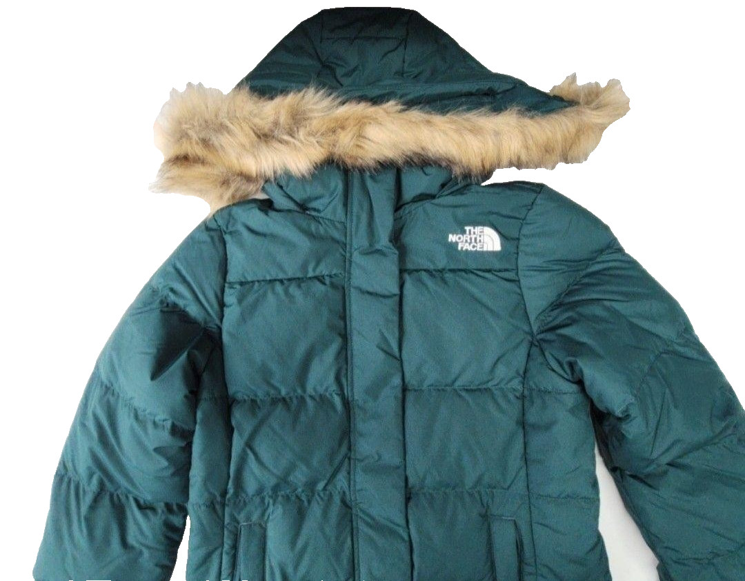 The North Face Puffer Jacket Womens Size S Green Hooded Faux Fur Trim Insulated