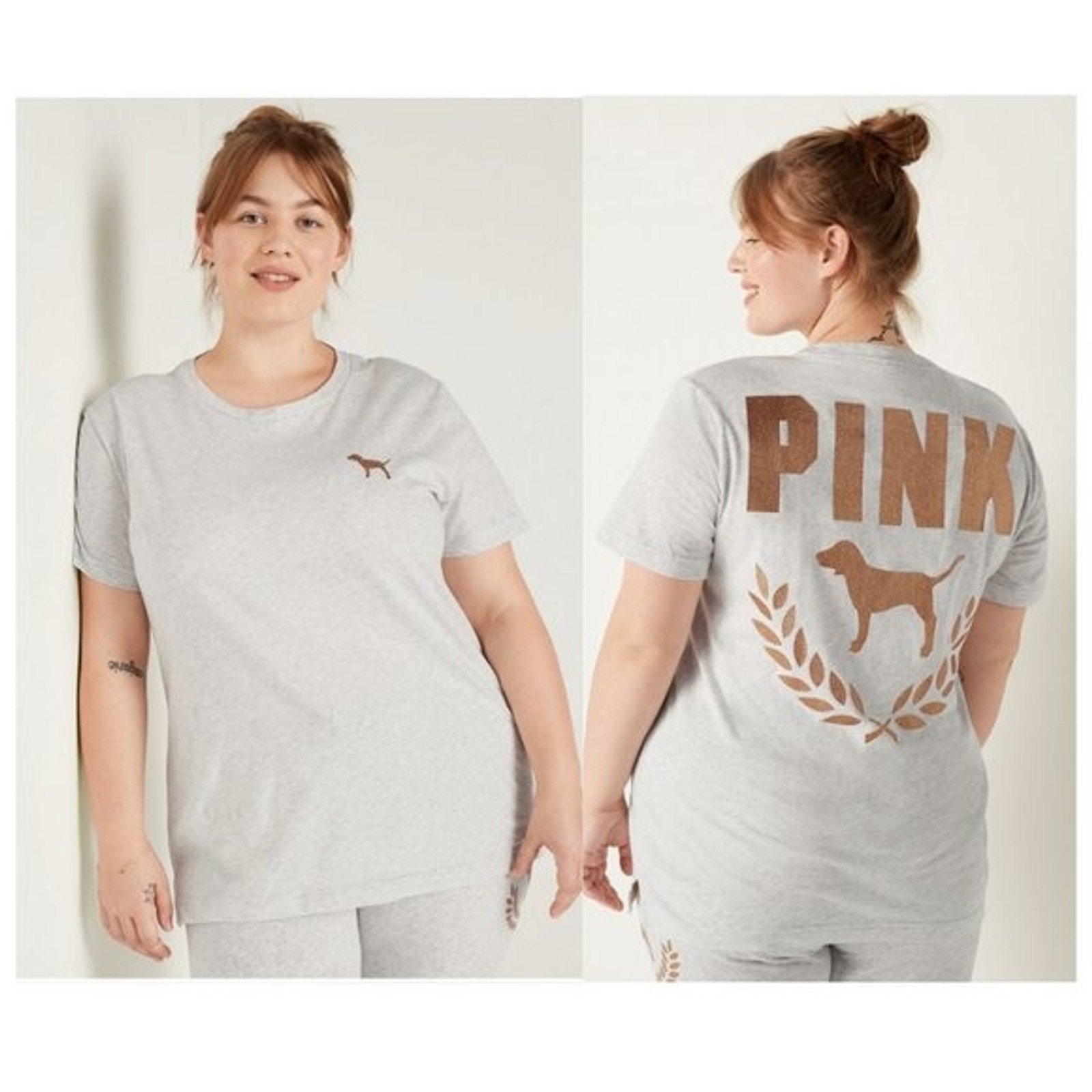 Campus T-shirt Heather Grey Glitter Logo PINK Victoria’s Secret Medium NWT