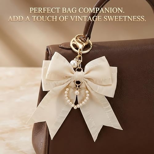 2Pcs Cherry Keychain & Pearl Bow Keychain, Sparkly White & Rhinestone Bow