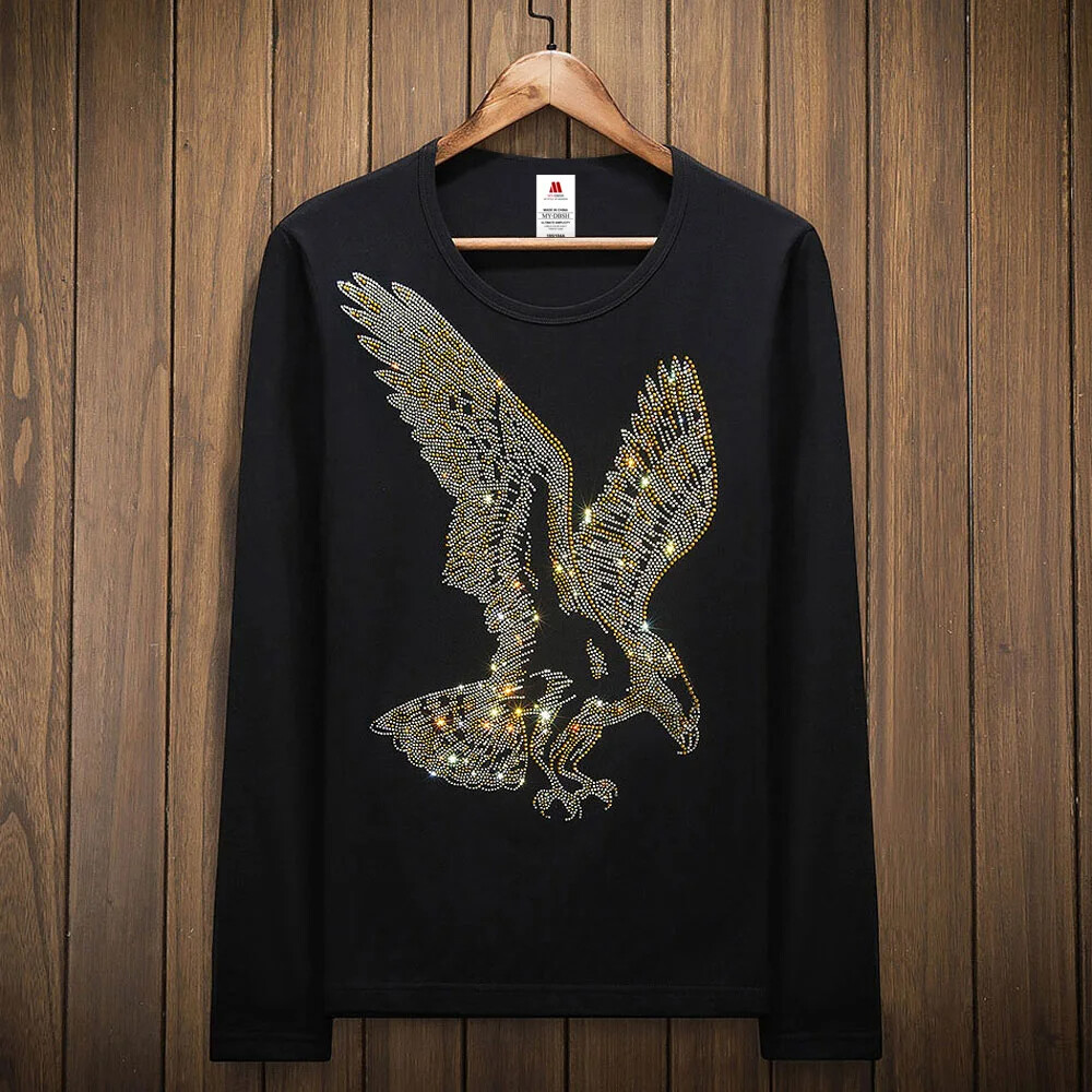 Fashion Trend Eagle Rhinestones Streetwear Long Sleeve Luxury Men V-Neck T-Shirt