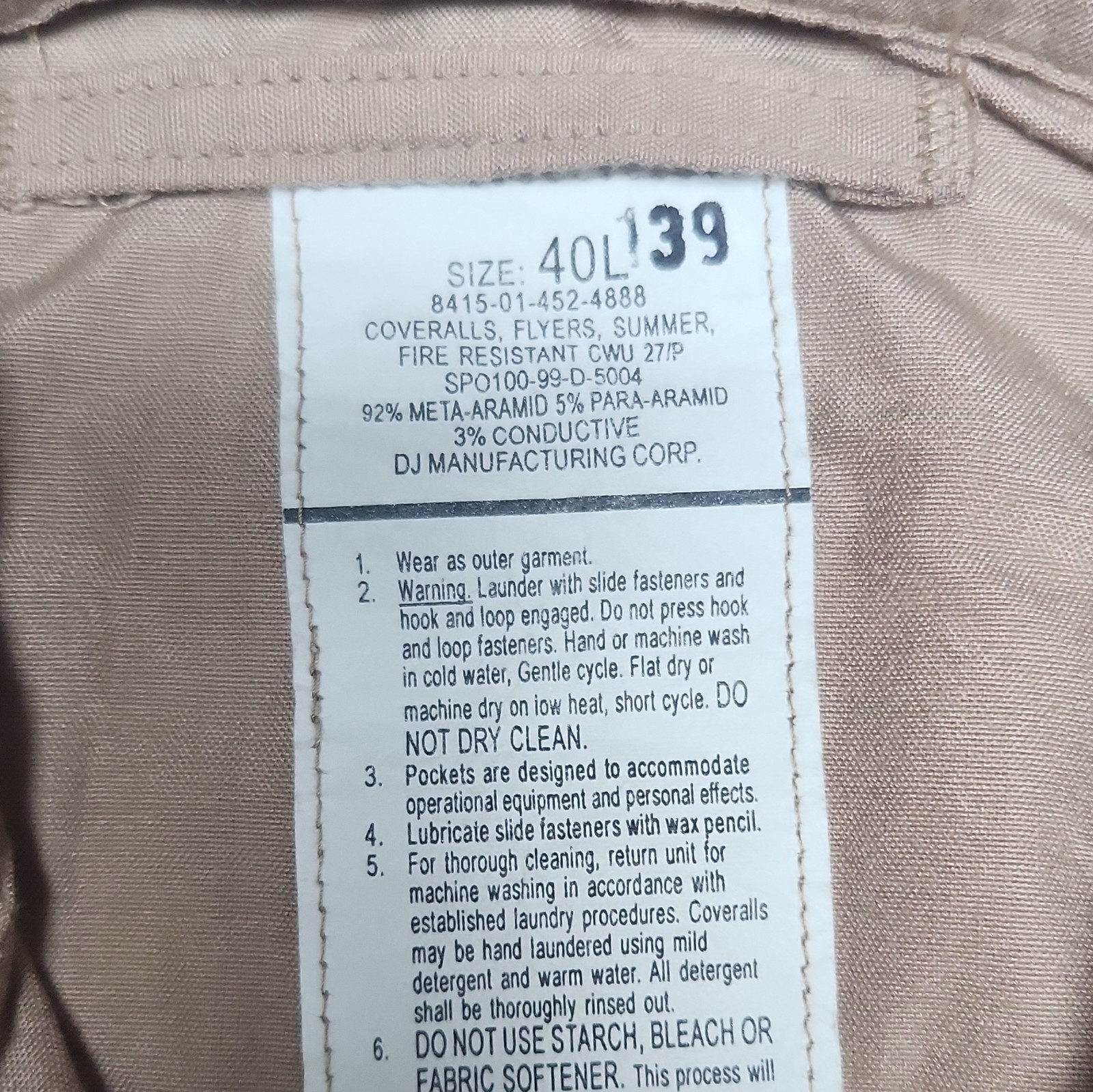DJ Manufacturing Corp. Fire-Resistant CWU 27/P Flight Suit Coveralls Tan 40L