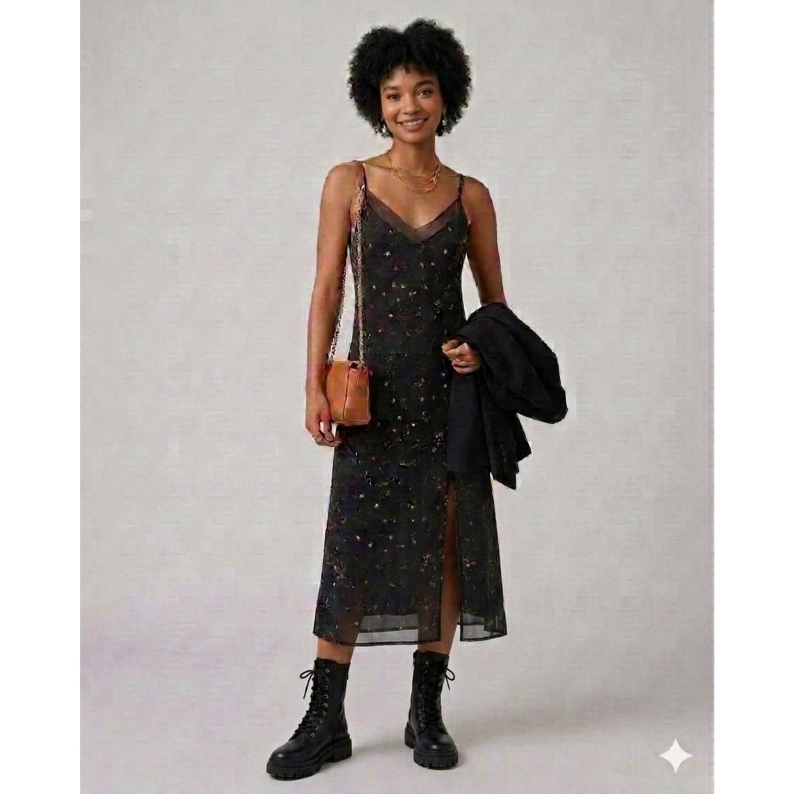 Vintage Inner Most Black Mesh Slip Dress Star Floral Sheer Bodice 90s Midi Maxi