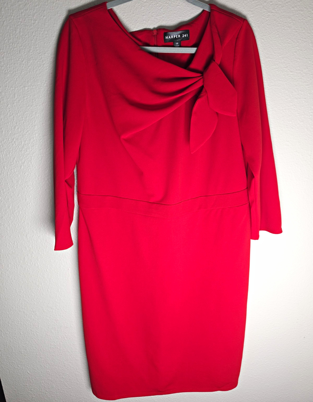 Harper 241 Women’s Red Solid Knit Sheath Dress Bow Boat Neck 3/4 Sleeve 16
