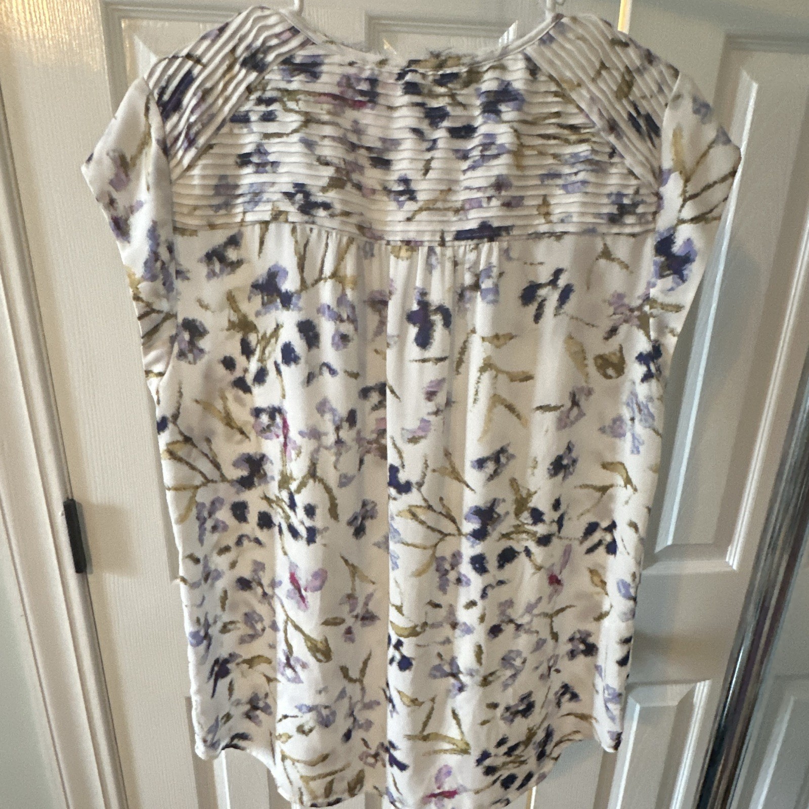 Daniel Rainn White Floral Chiffon Pleated V-Neck Short Sleeve Blouse L M873PR1
