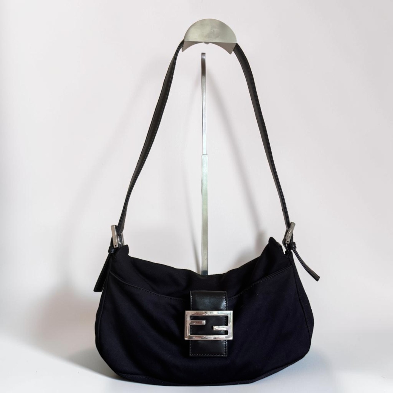 FENDI Mamma Baguette FF Nylon Shoulder Bag Black