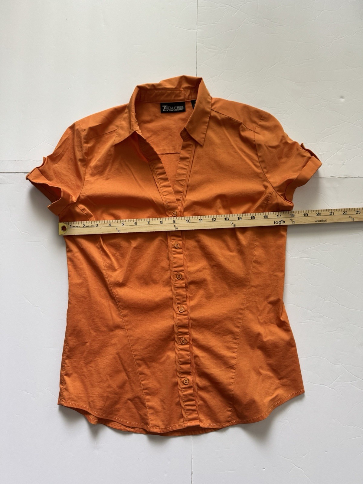 7th Avenue NYC S Orange Button Front Blouse Top Stretch Work Shirt Short Sleev