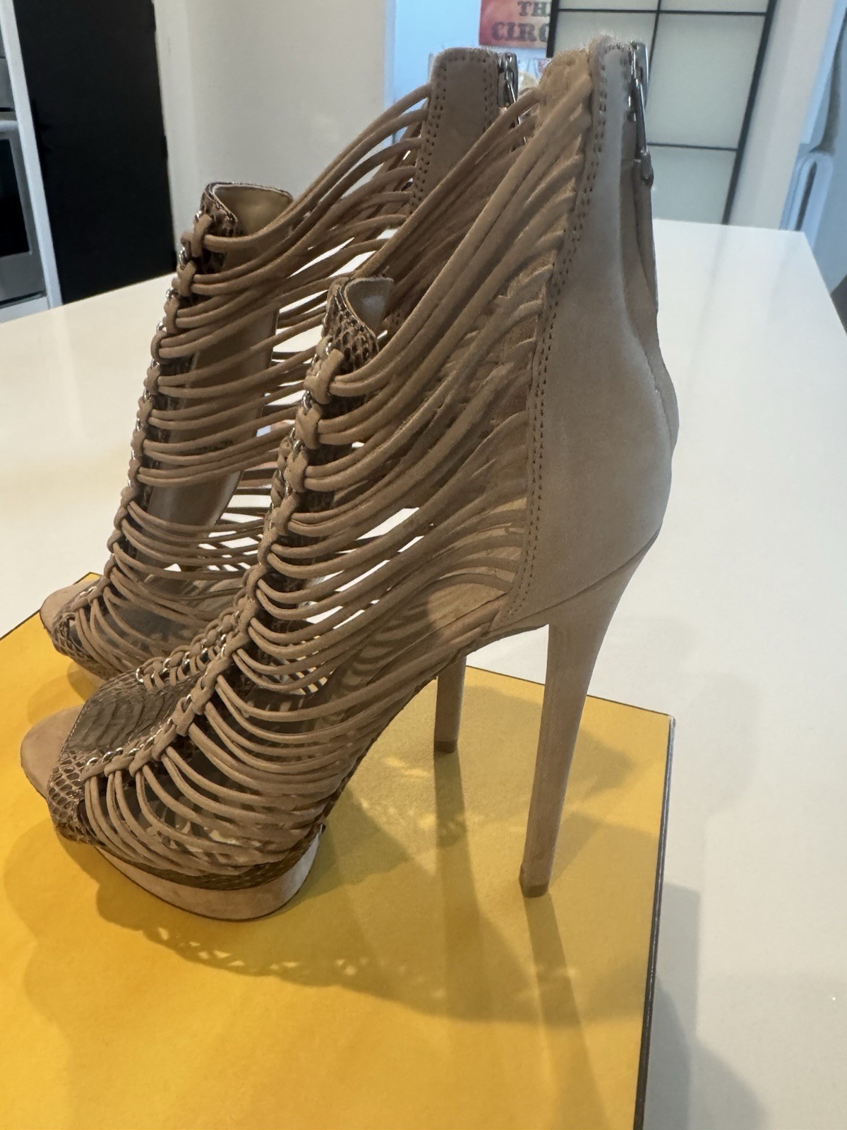 Brian Atwood Beige Brown Leather Strappy Ankle Strap Open Toe Stiletto Zip 7