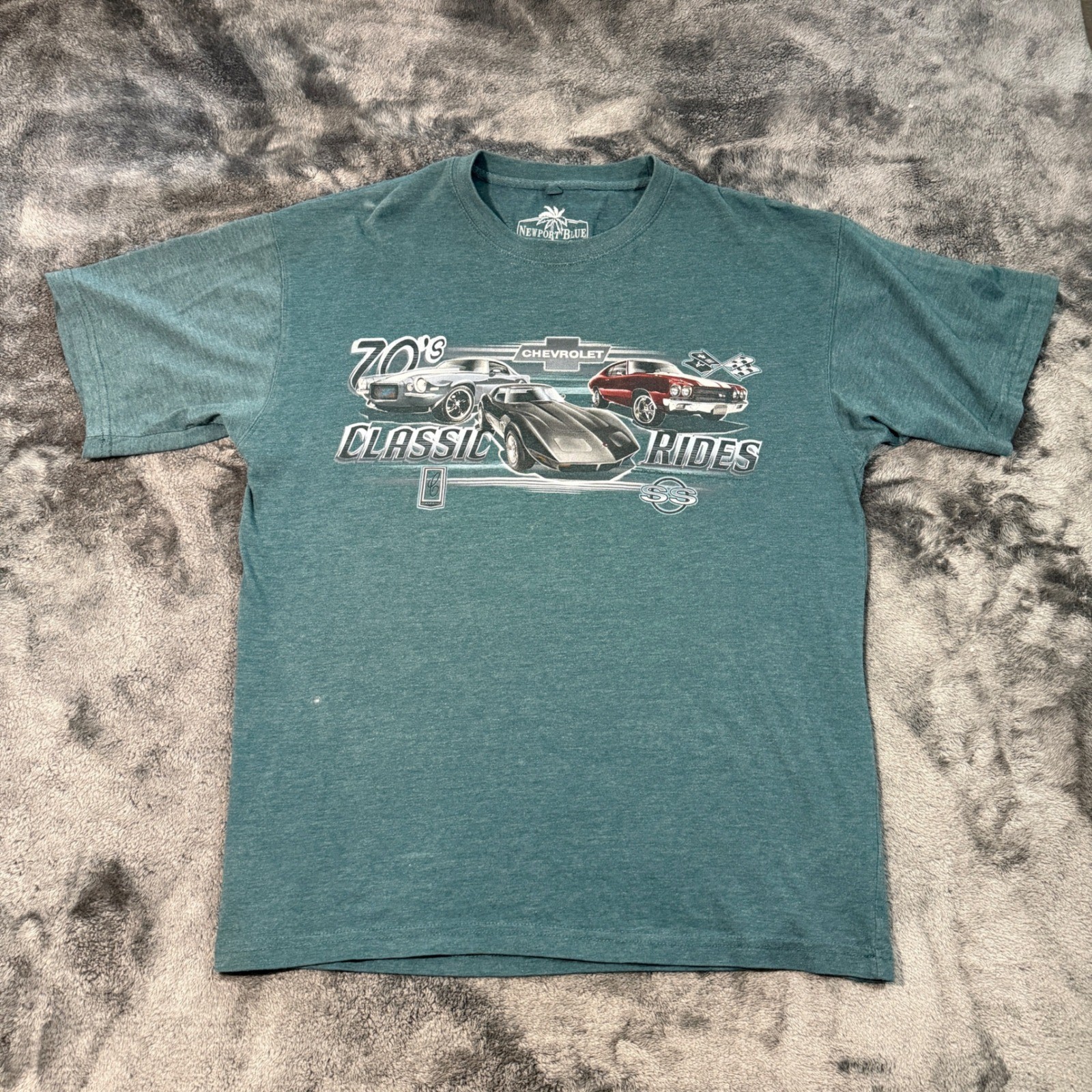 Newport Blue Chevrolet 70s Classic Rides Graphic T-Shirt Mens XL Teal Green SS