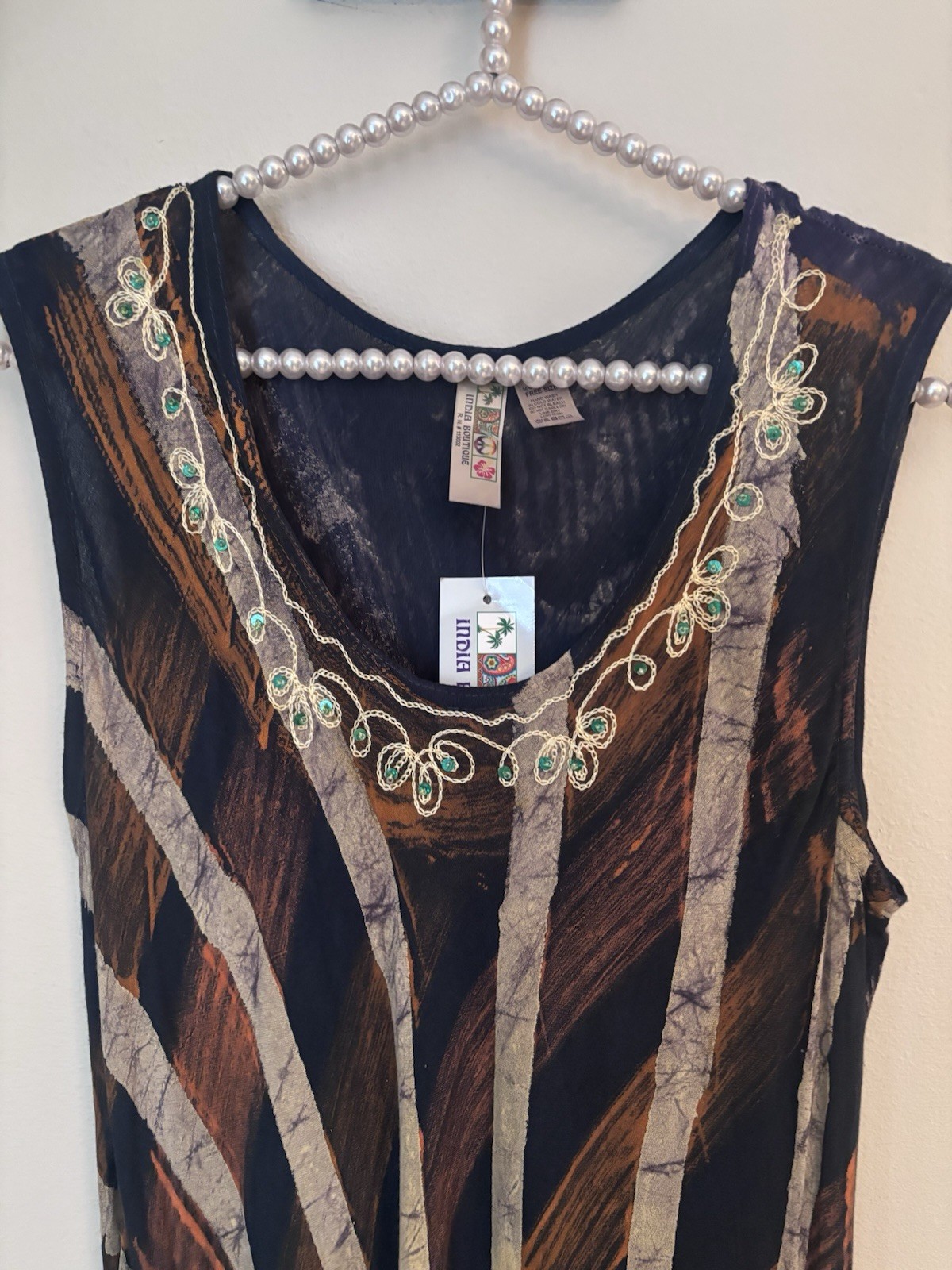 NWT India Boutique One Size Maxi Dress Sleeveless Boho Embroidered Beaded Trim