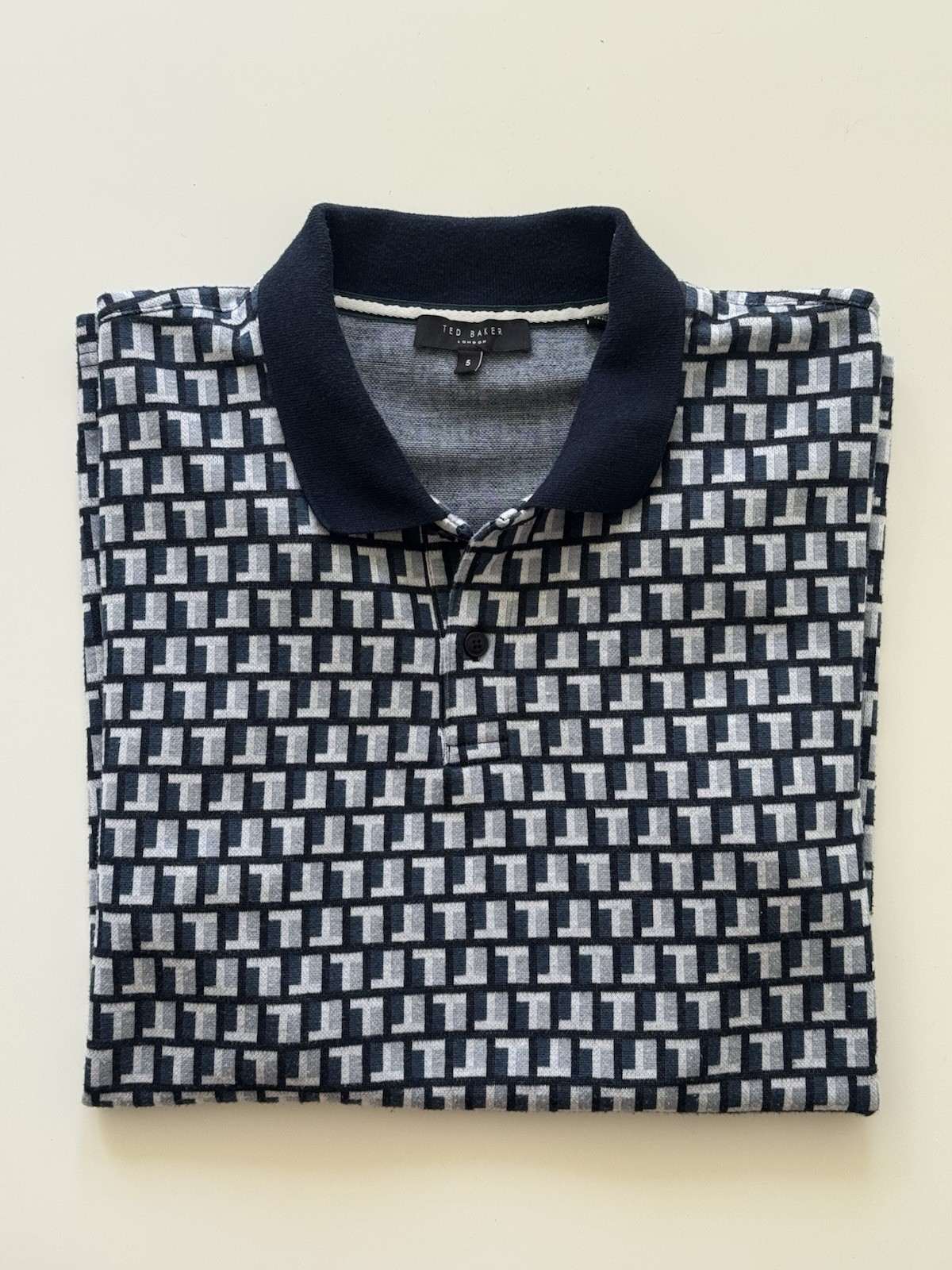 Ted Baker London Polo Shirt Mens Size 5 US XL Blue Geometric Pattern