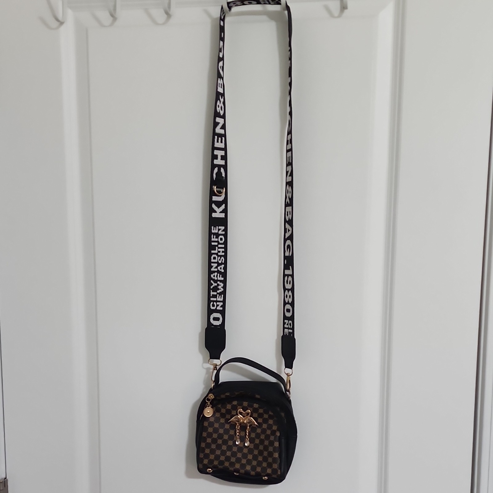 Black Brown Checkered Small Crossbody Bag Top Handle Zip Adjustable Strap