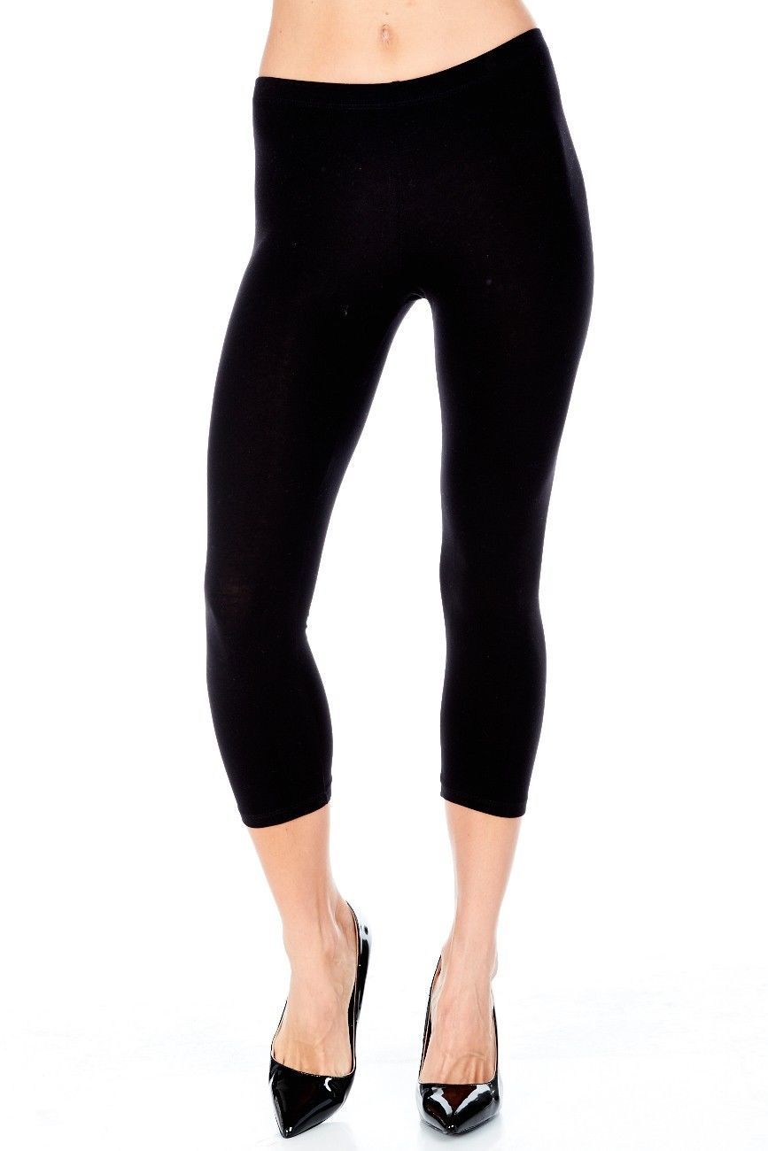 Cotton Spandex Capri Leggings Below Knee Plain Solid Stretchy Capris (S-3X)