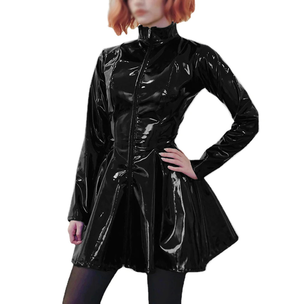 Zipper Turtleneck PVC Shiny A-line Dress Sexy Pleated Long Sleeve Mini Dress