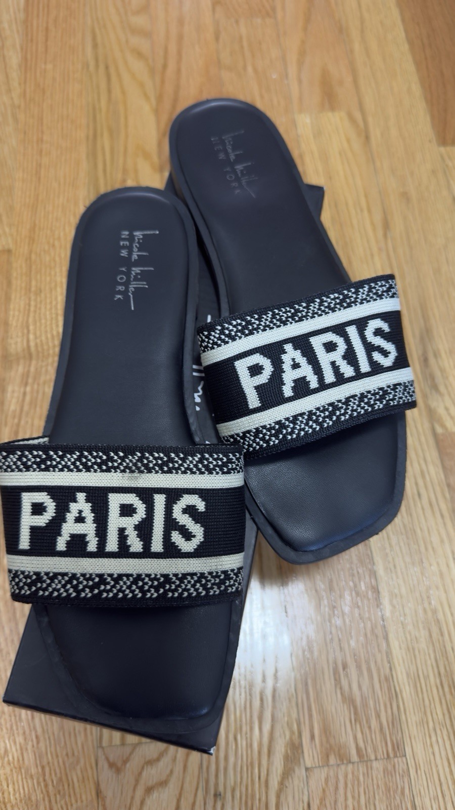 Nicole Miller New York Women’s Slide Sandals Black/White Logo Slip On US 7.5