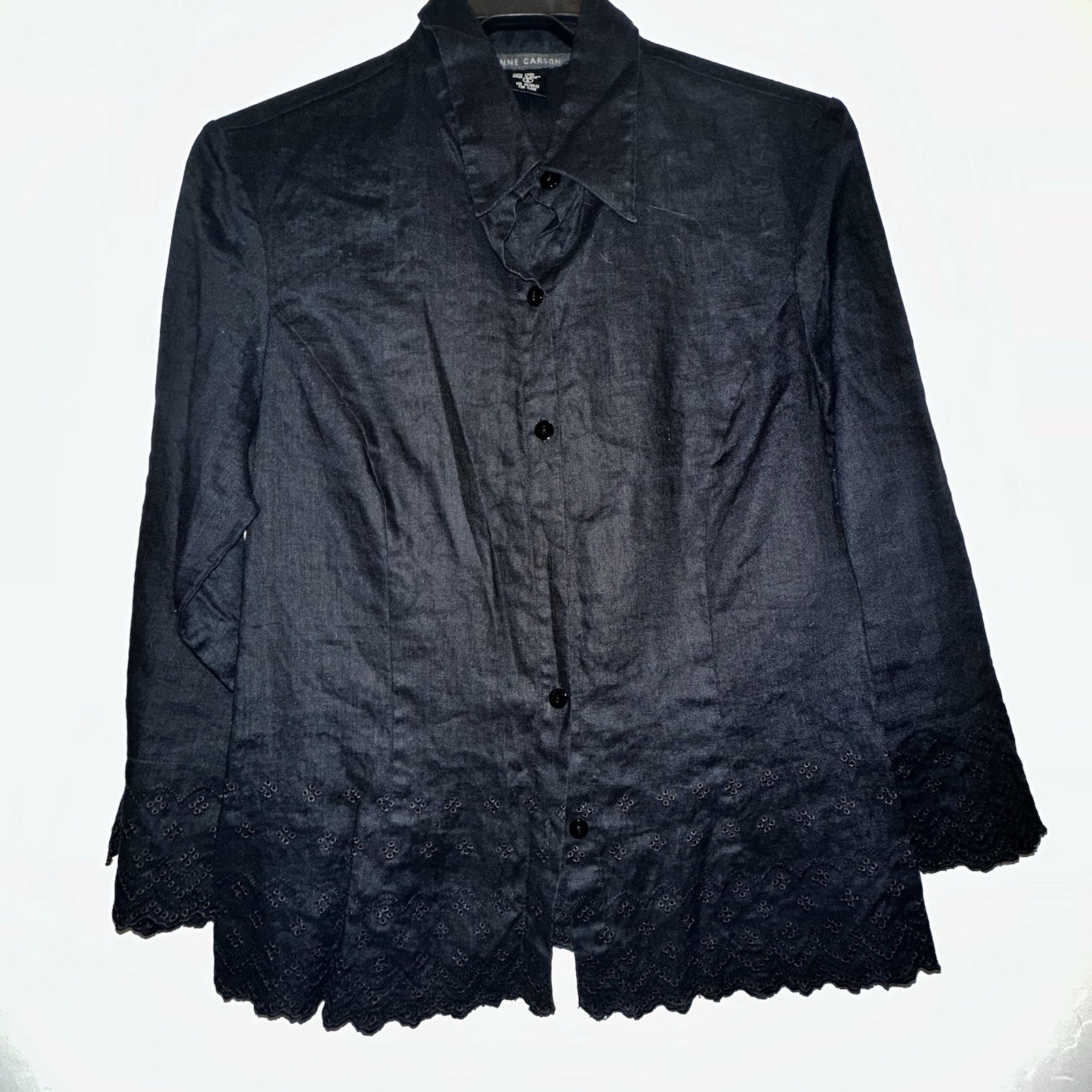 ANNE CARSON 100% Linen Ladies Size S Black Blouse EMBROIDERED Eyelet Lagenlook