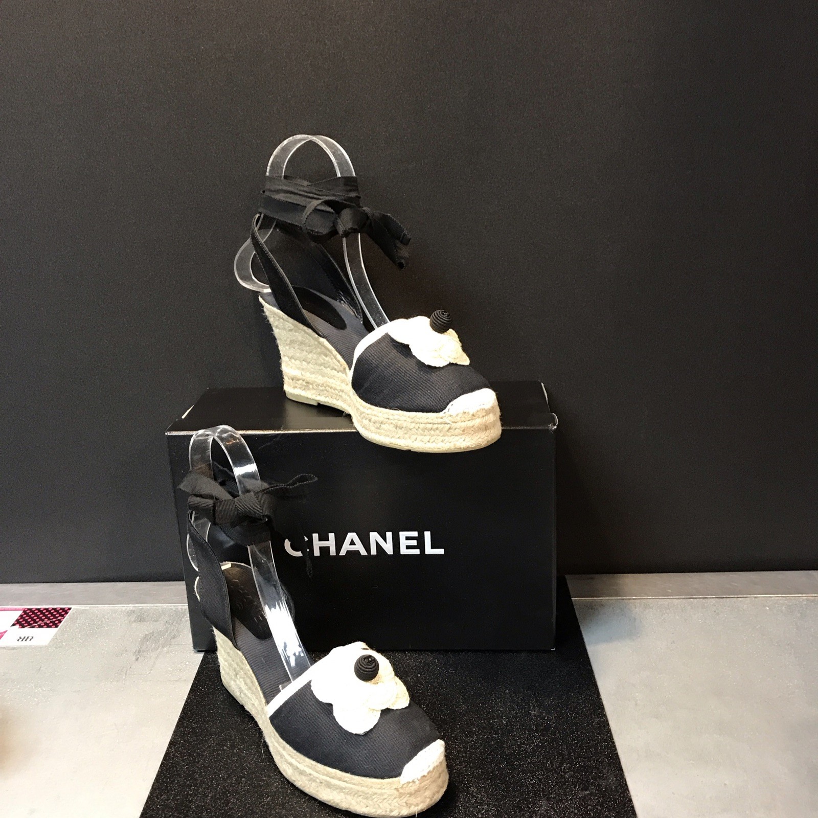 CHANEL Camellia Ankle Wrap Espadrille Wedges Size 37/US 7 With Box