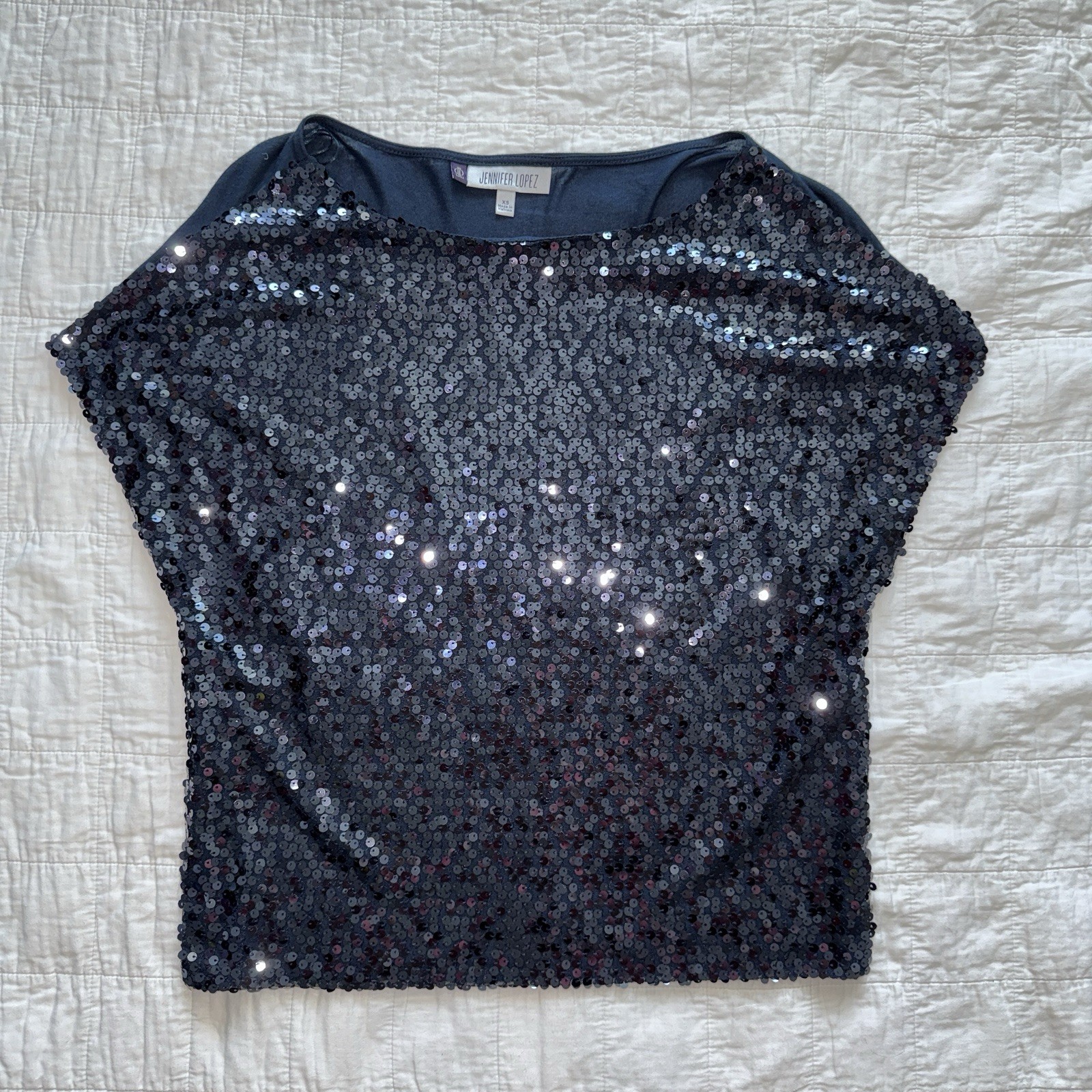 Jennifer Lopez Shirt Women’s Dark Blue Shiny Sequin Short Sleeve Blouse Sz XS
