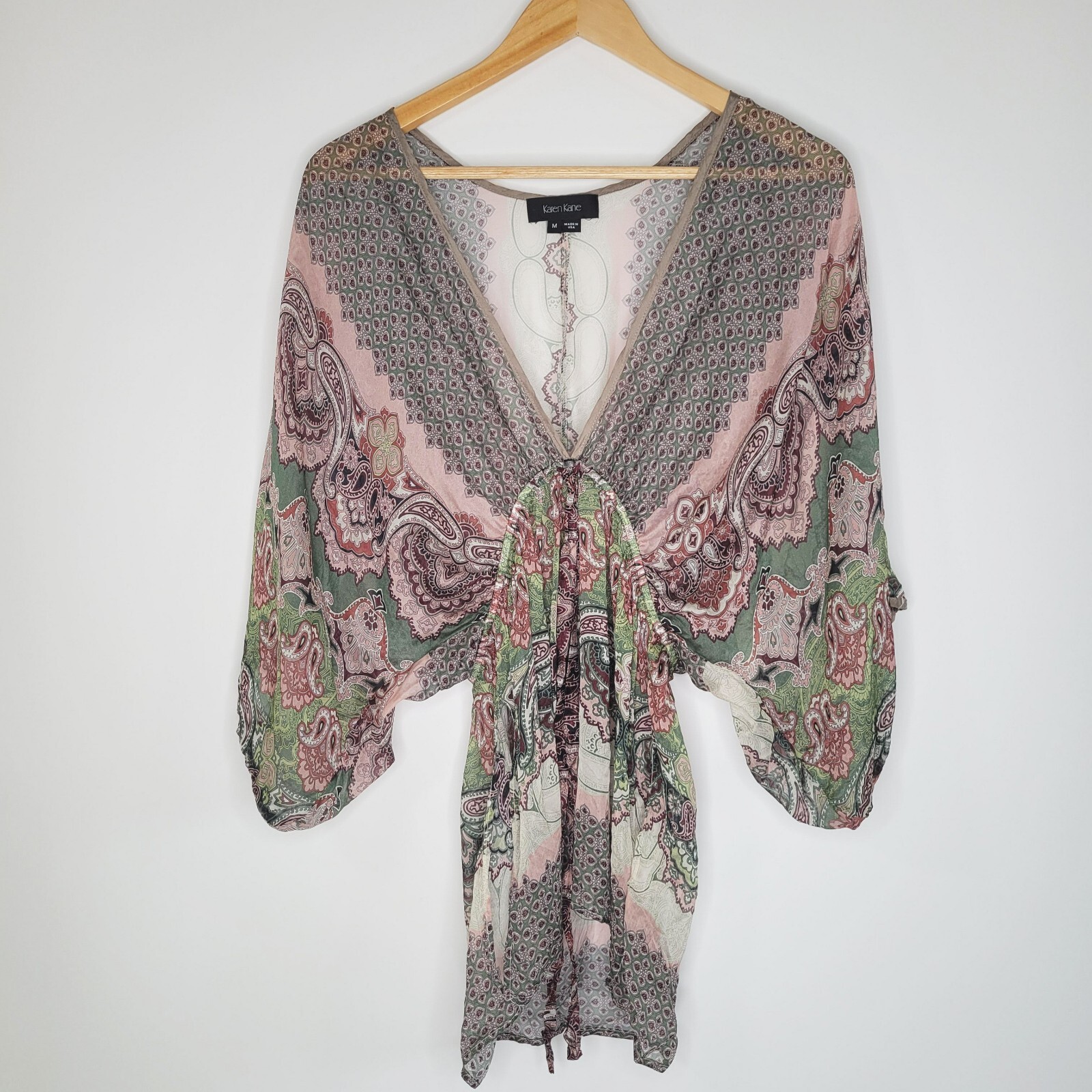 KAREN KANE 100% Silk Paisley Kimono Top Size M Tie Waist Delicate Sheer Cover Up