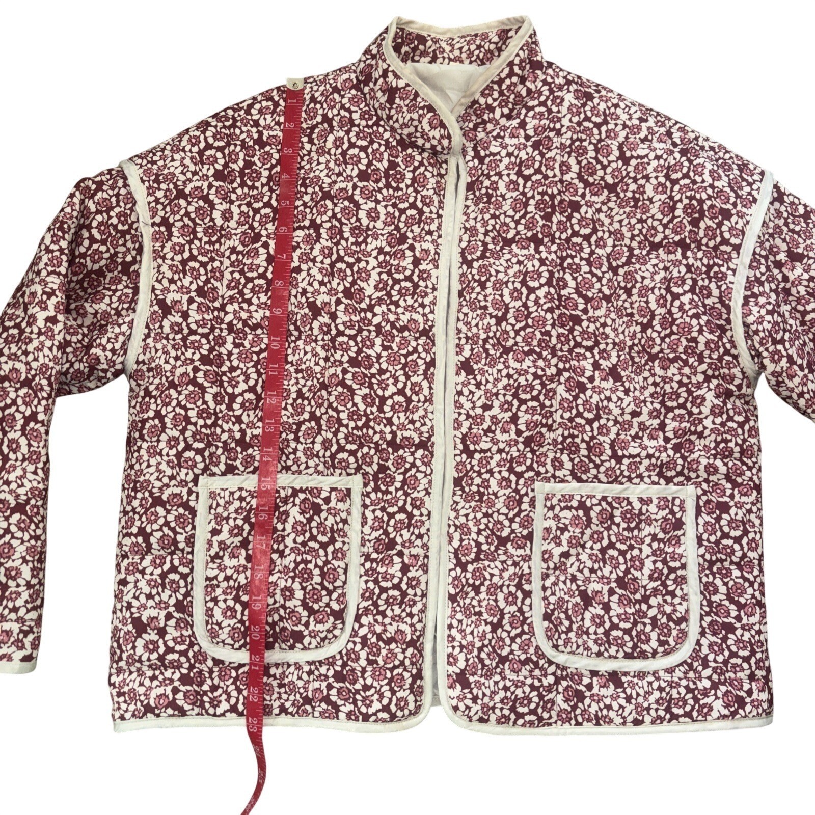 Quilted Floral Jacket Burgundy Cream Mock Neck Boxy Pockets Hook Eye Closure