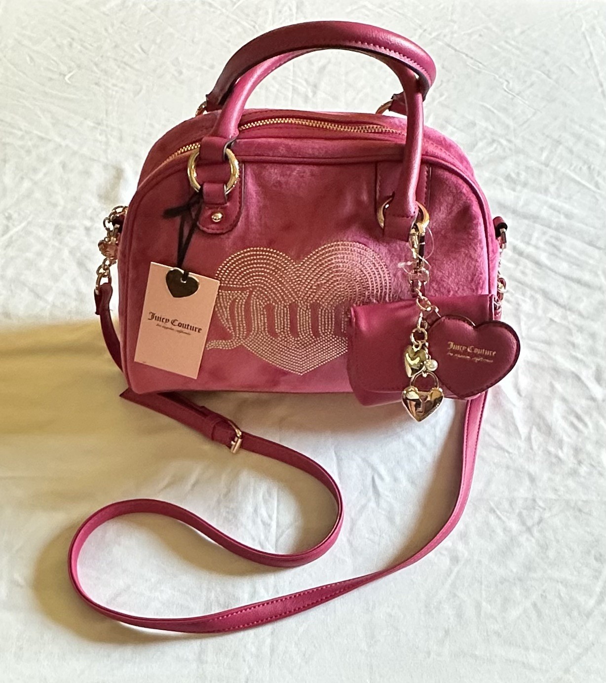 JUICY COUTURE QUEEN COUTURE SATCHEL BAG W/ MINI COIN BAG CHARMS RASPBERRY TART