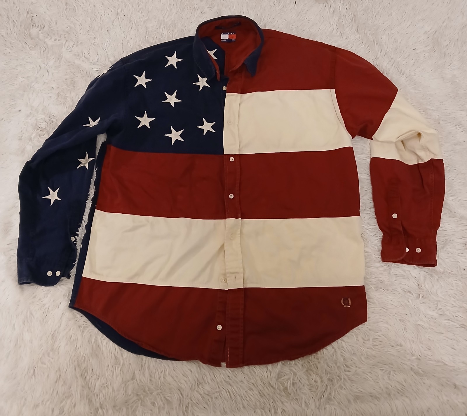 Men Vintage 90s Tommy Hilfiger Big Logo USA Flag Button Down Denim Shirt XL