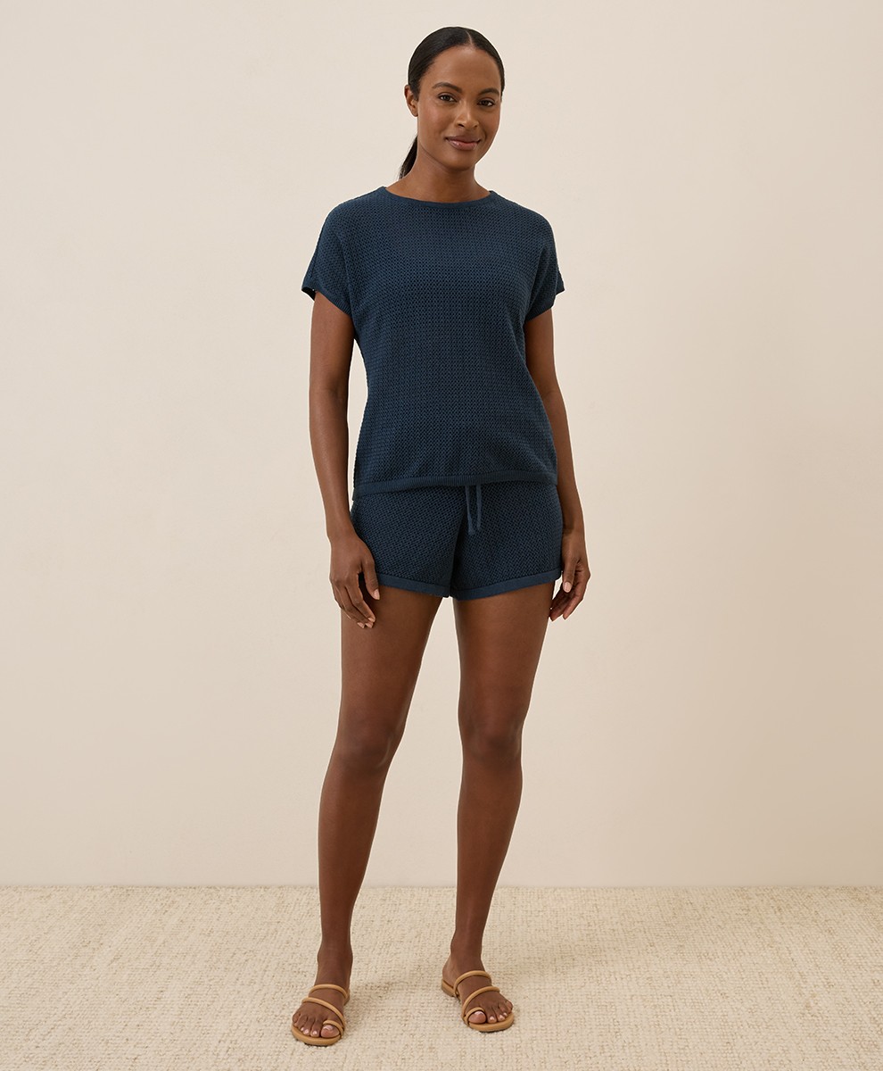 Pact Women’s Beachside Crochet Knit Short Sleeve Top Medium French Navy