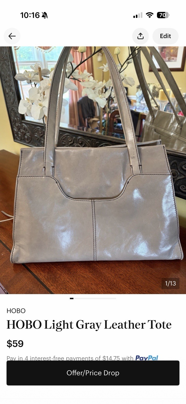 HOBO Gray Floral Tote Zip Top Double Handles Gold Hardware Tassel Lined