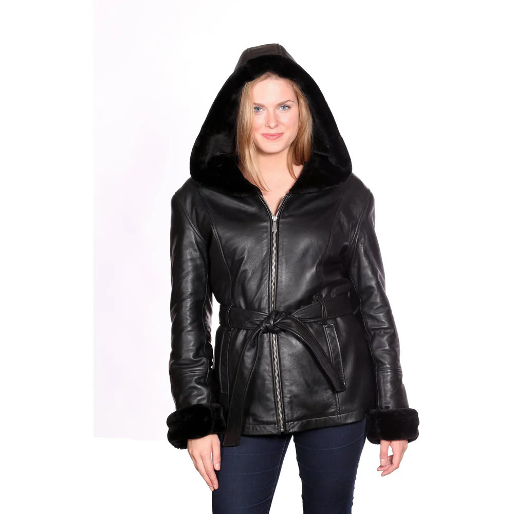 Christian Reed NEW black Shawl Collar Hooded Lamb leather Fur lined belt Coat M