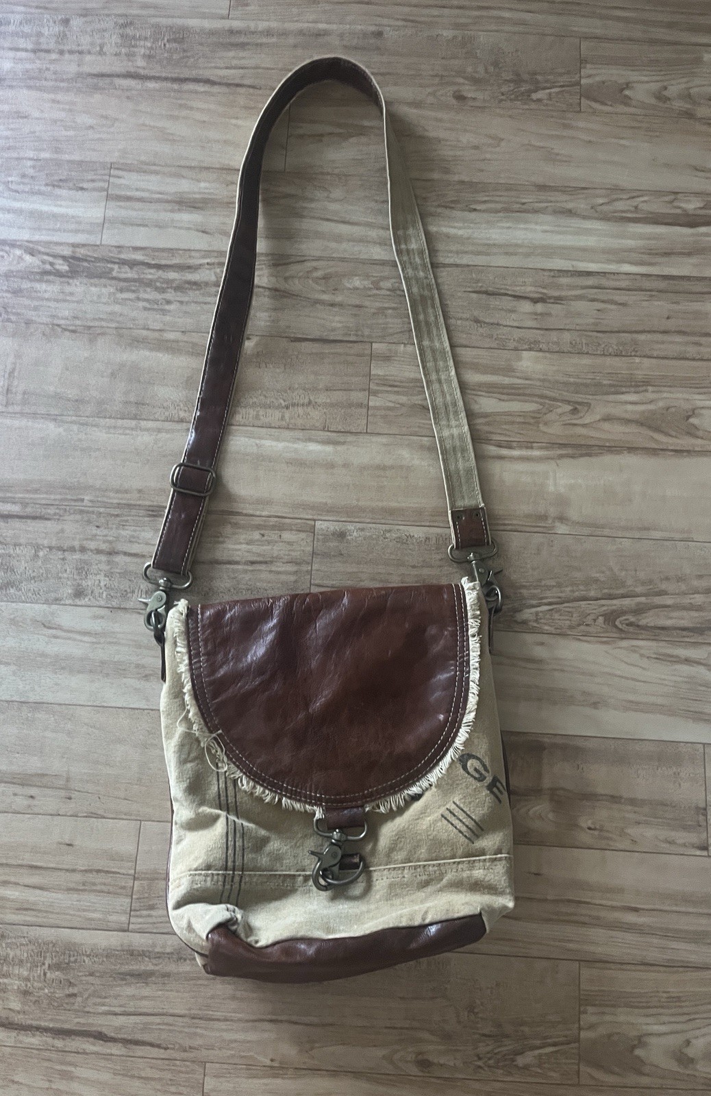 Clea Ray Leather Flap Shoulder Bag Boho Upcycled Military Canvas Crossbody Purse