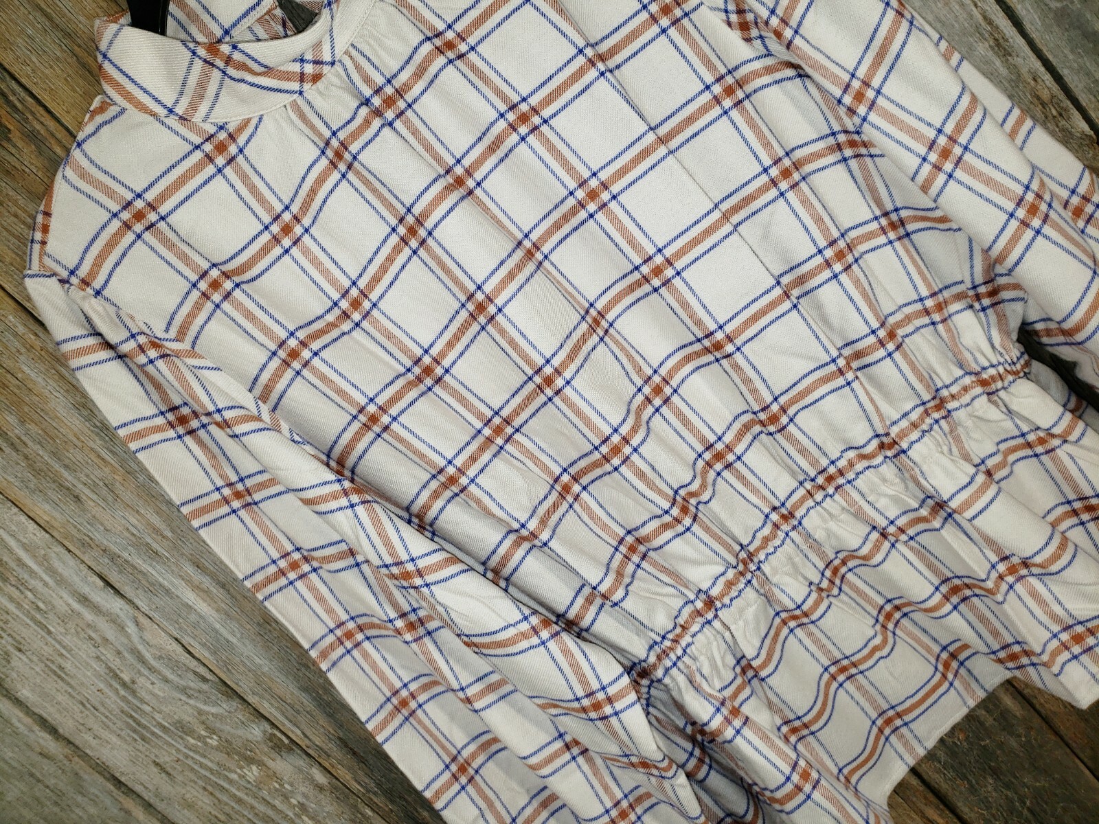 NEW Ann Taylor LP Top Beige Cream Plaid Cinched Peplum Cottage Office Siren