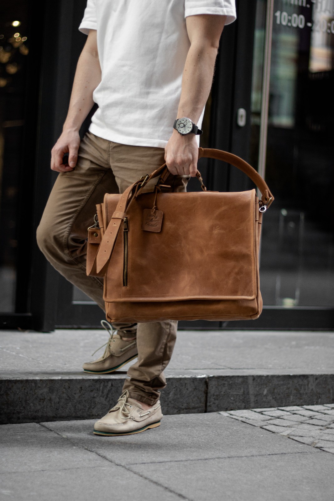 Leather laptop briefcase messenger bag for men