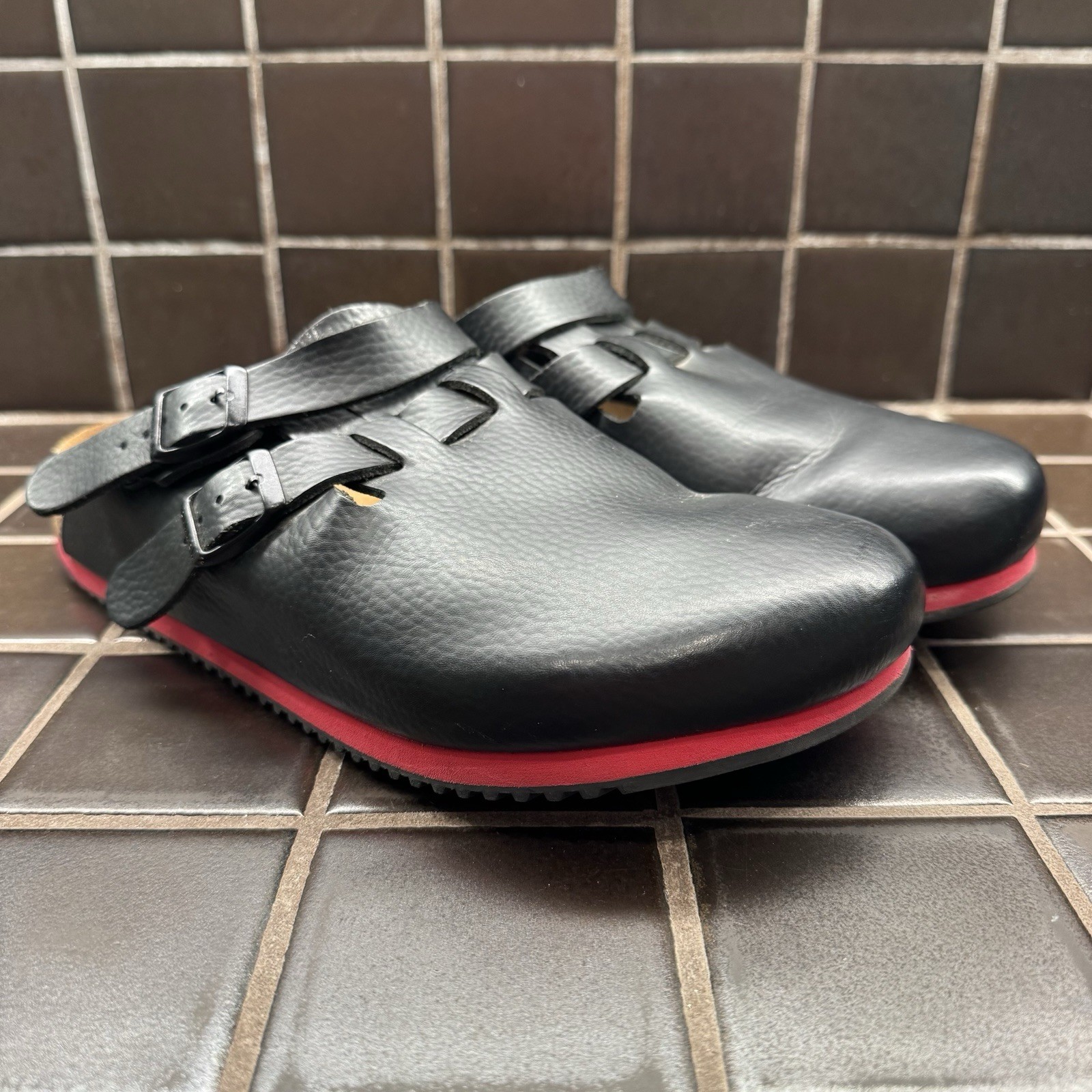 BIRKENSTOCK KAY SL BLACK RED MEDIUM NARROW WIDTH PROFESSIONAL LEATHER SABOT SOFT