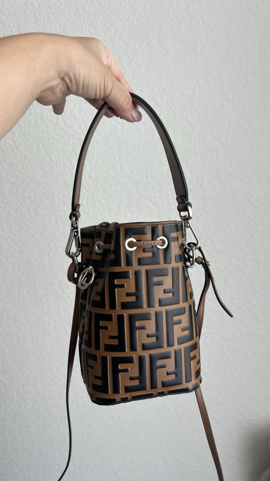 FENDI Mon Tresor Mini Bucket Drawstring Bag Brown/Black FF Logo, Dust Bag