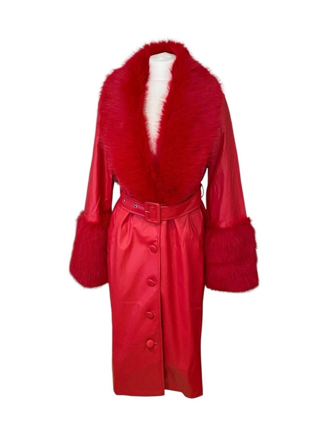Finesse Red Faux Leather And Red Faux Fur Long Coat With Belt Size Xs Lined