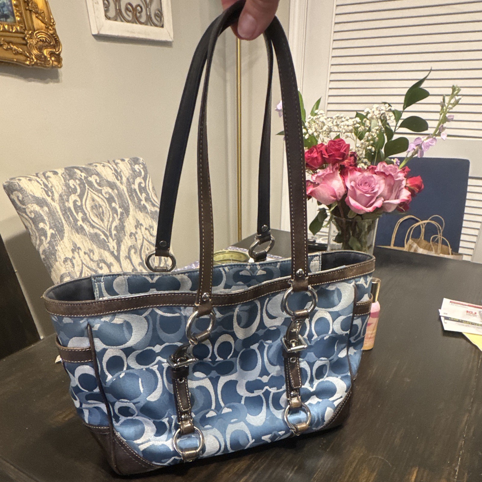 Coach Signature Blue/Brown Medium Tote Shoulder Bag Zip Double Handles Strap