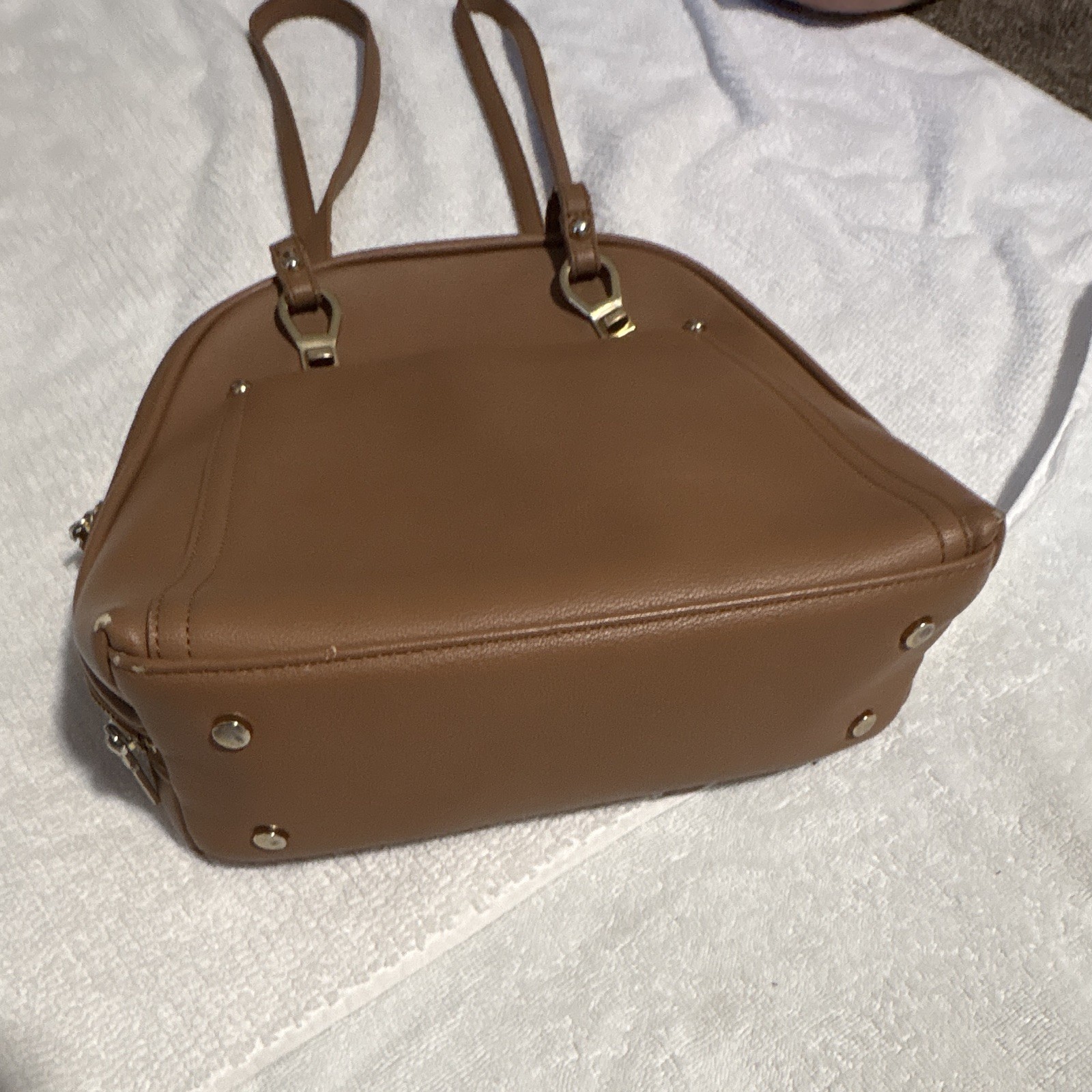 Mistique Brown Satchel Top Handle Bag Zip Closure Inner Pockets Gold Hardware